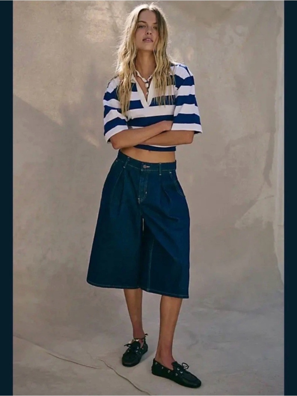 Free People Size 27 CRVY Antonia Crop Denim Culottes High Rise Pleated Wide Leg